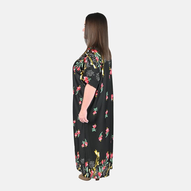 Anthony Richards Black Multi Floral Zip Front House Dress, Cotton Machine Washable V neck Short Sleeves Dress For Her - One Size Fits up to XXL