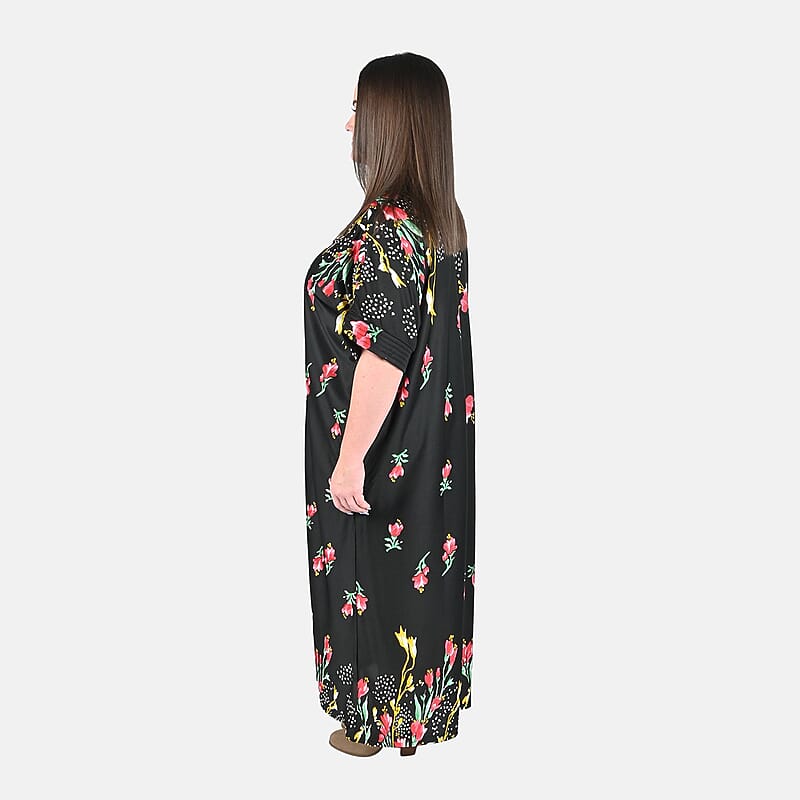 Anthony Richards Black Multi Floral Zip Front House Dress, Cotton Machine Washable V neck Short Sleeves Dress For Her - One Size Fits up to XXL