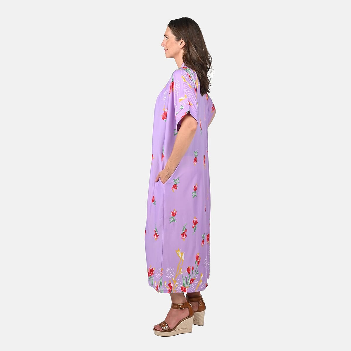 Anthony Richards Lilac Floral Zip Front House Dress, Cotton Machine Washable V neck Short Sleeves Dress For Her - One Size Fits up to XXL image number 2