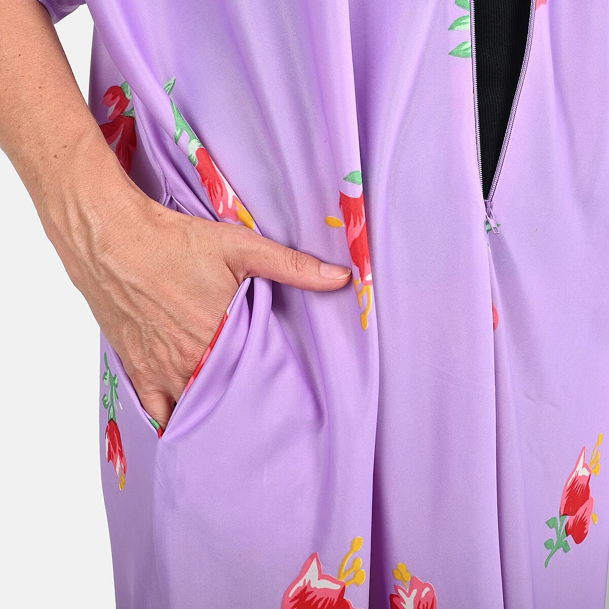 Anthony Richards Lilac Floral Zip Front House Dress, Cotton Machine Washable V neck Short Sleeves Dress For Her - One Size Fits up to XXL image number 3