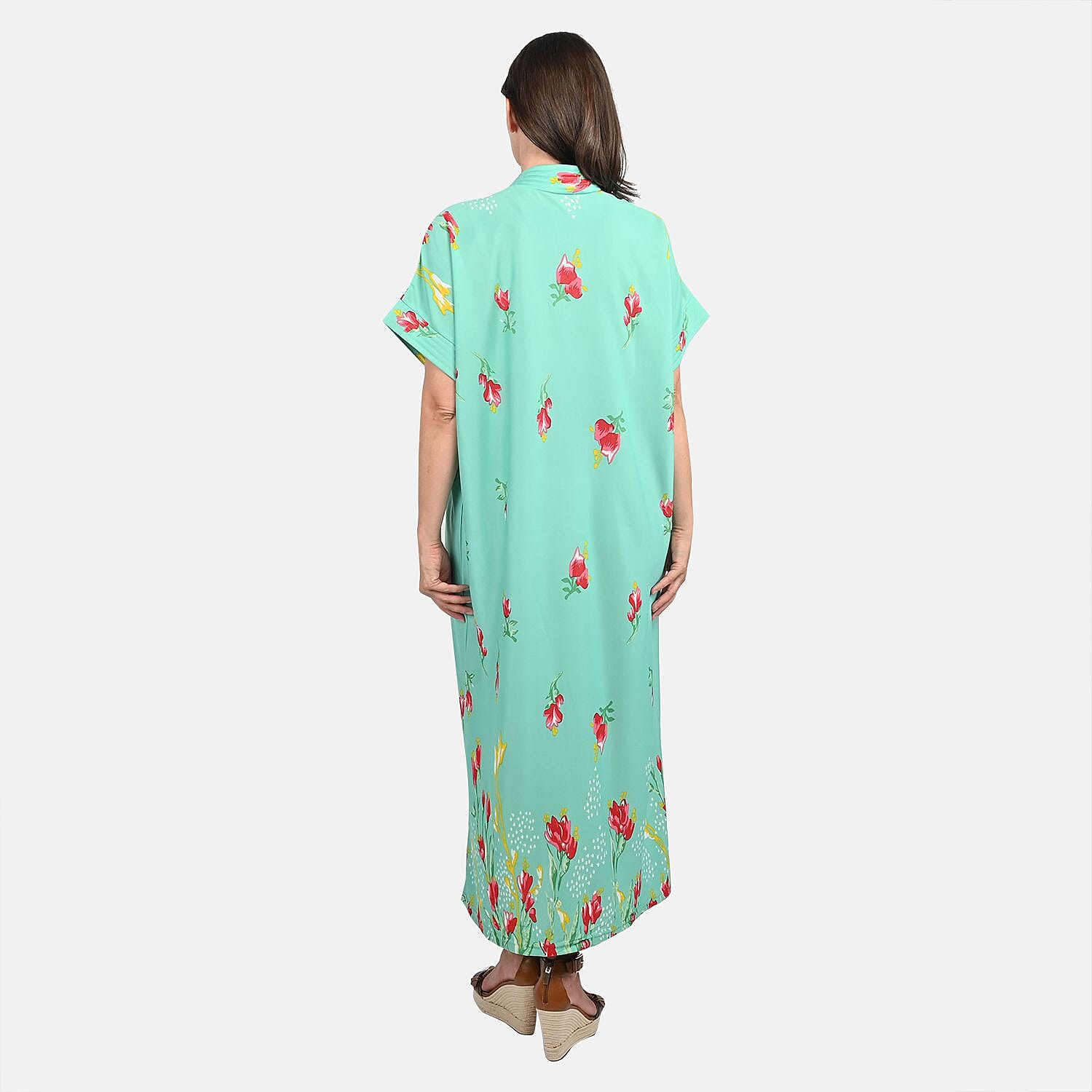 Anthony Richards Turquoise Multi Floral Zip Front House Dress, Cotton Machine Washable V neck Short Sleeves Dress For Her - One Size Fits up to XXL