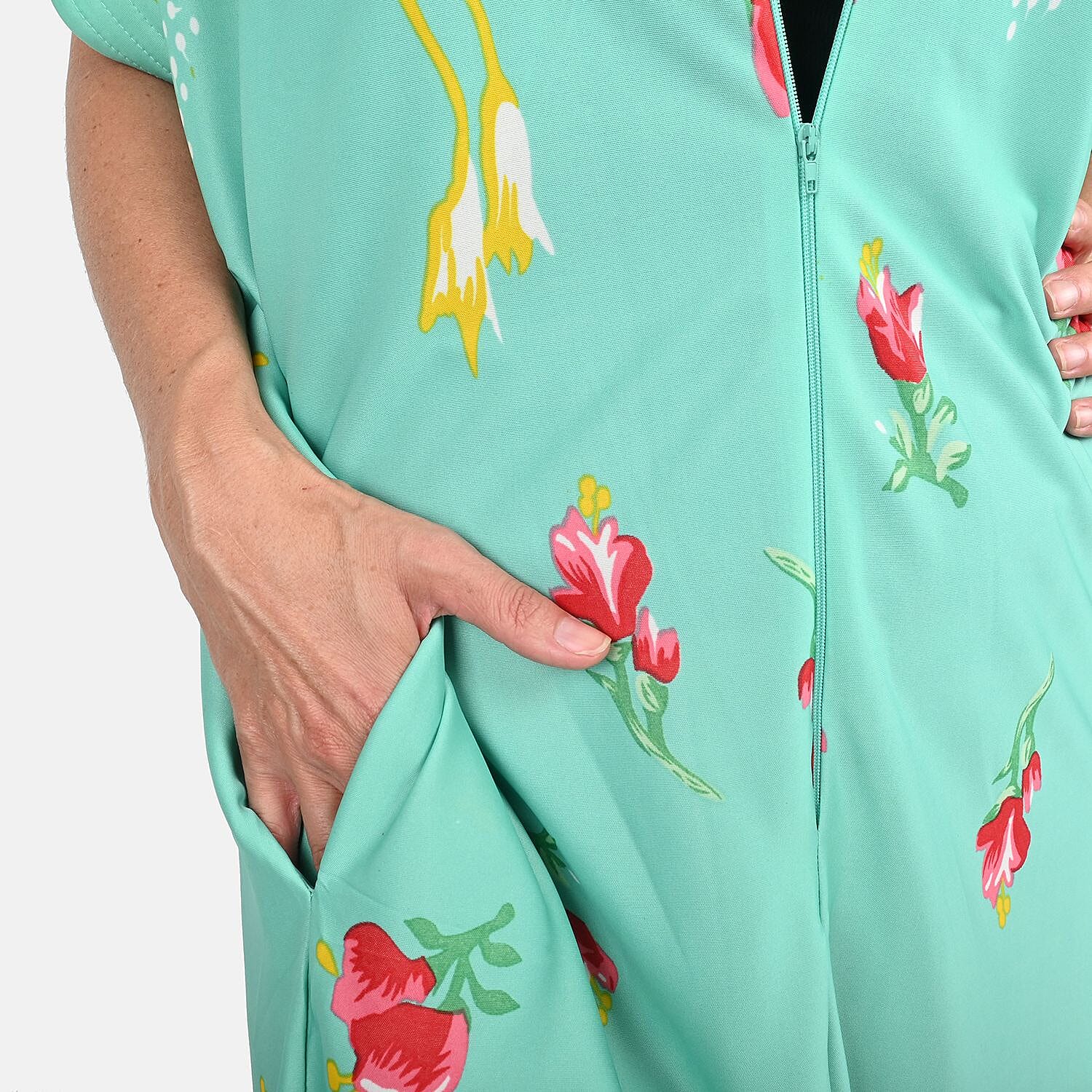 Anthony Richards Turquoise Multi Floral Zip Front House Dress, Cotton Machine Washable V neck Short Sleeves Dress For Her - One Size Fits up to XXL
