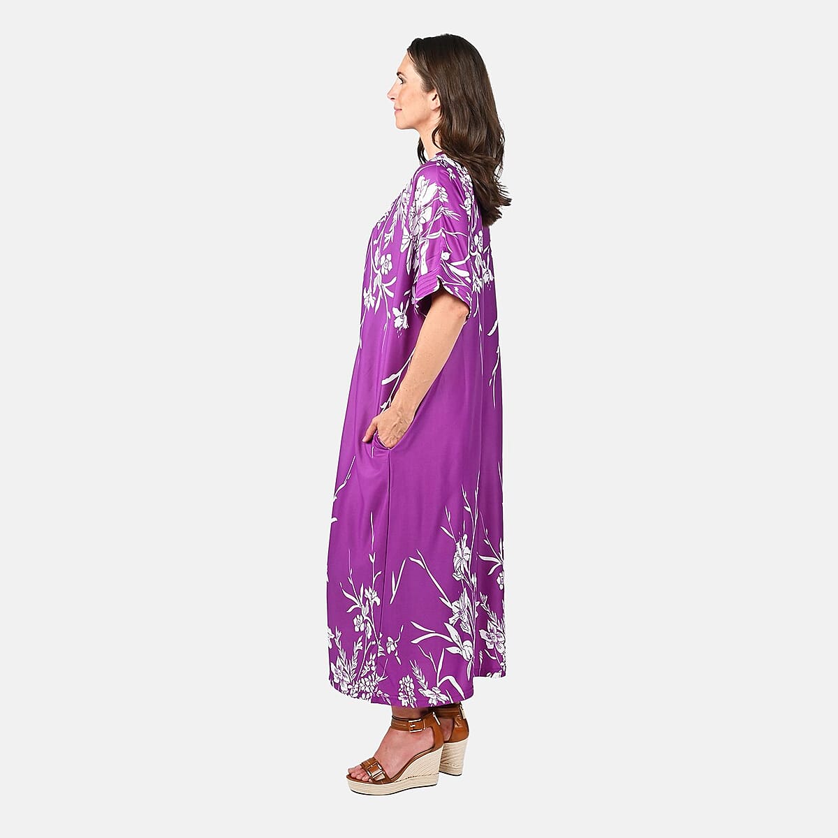 Anthony Richards Purple Hibiscus Zip Front House Dress, Cotton Machine Washable V neck Short Sleeves Dress For Her - One Size Fits up to XXL image number 2