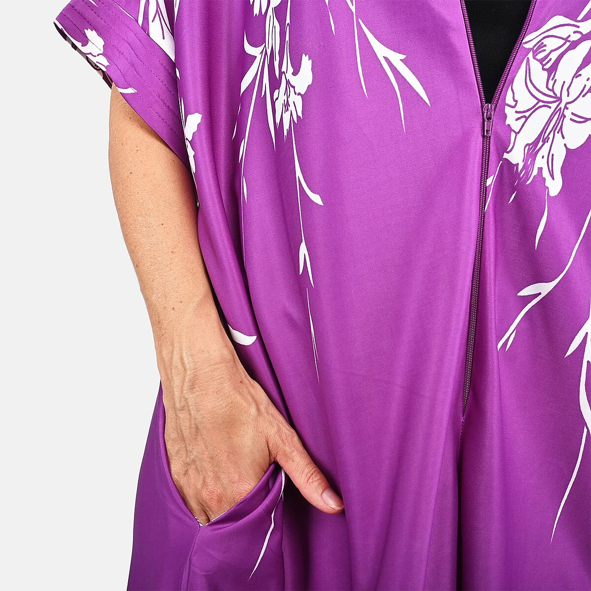 Anthony Richards Purple Hibiscus Zip Front House Dress, Cotton Machine Washable V neck Short Sleeves Dress For Her - One Size Fits up to XXL image number 3