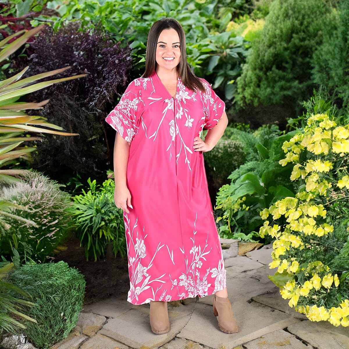 Anthony Richards Pink Hibiscus Zip Front House Dress, Cotton Machine Washable V neck Short Sleeves Dress For Her - One Size Fits up to XXL image number 1