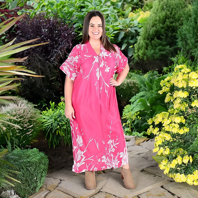 Anthony Richards Pink Hibiscus Zip Front House Dress, Cotton Machine Washable V neck Short Sleeves Dress For Her - One Size Fits up to XXL