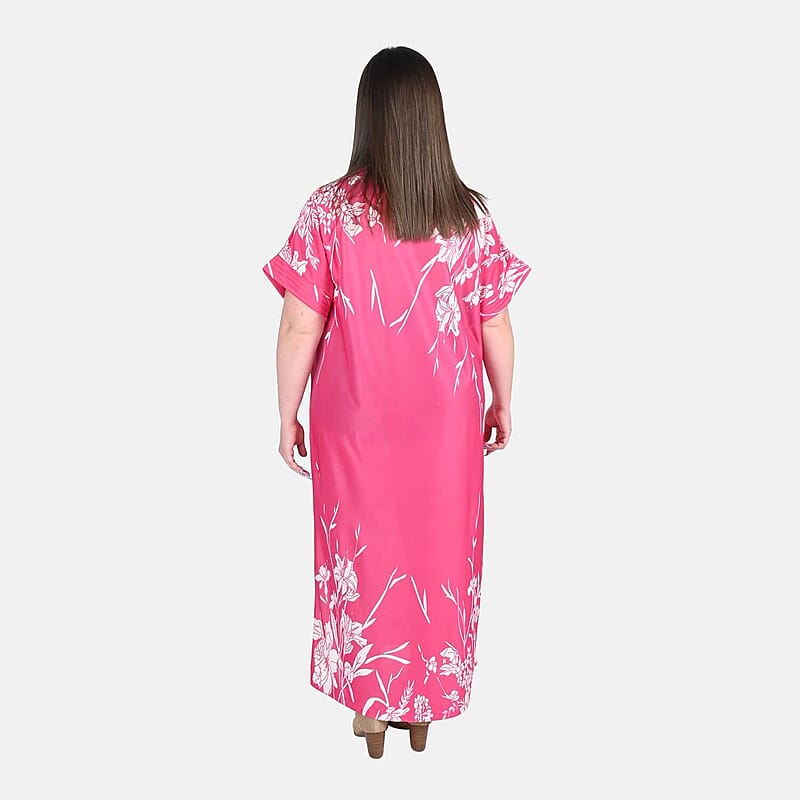 Anthony Richards Pink Hibiscus Zip Front House Dress, Cotton Machine Washable V neck Short Sleeves Dress For Her - One Size Fits up to XXL