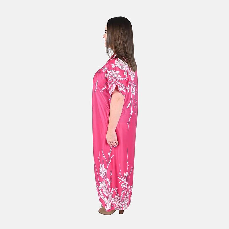 Anthony Richards Pink Hibiscus Zip Front House Dress, Cotton Machine Washable V neck Short Sleeves Dress For Her - One Size Fits up to XXL