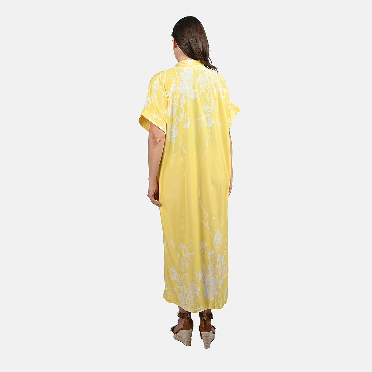 Anthony Richards Yellow Hibiscus Zip Front House Dress, Cotton Machine Washable V neck Short Sleeves Dress For Her - One Size Fits up to XXL image number 1