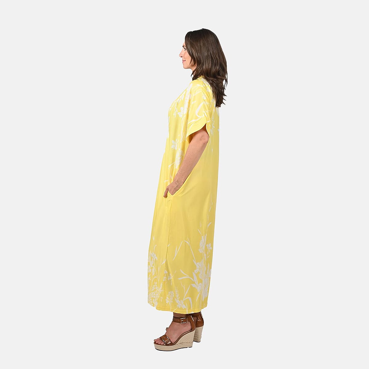 Anthony Richards Yellow Hibiscus Zip Front House Dress, Cotton Machine Washable V neck Short Sleeves Dress For Her - One Size Fits up to XXL image number 2