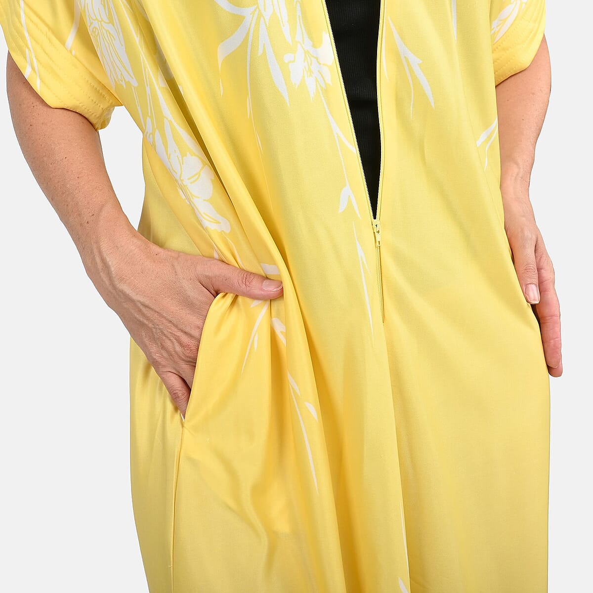 Anthony Richards Yellow Hibiscus Zip Front House Dress, Cotton Machine Washable V neck Short Sleeves Dress For Her - One Size Fits up to XXL image number 3