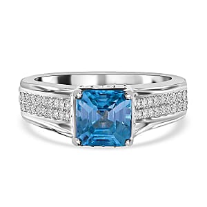 Asscher Cut Premium Blue Zircon Ring, White Zircon Accent Ring, Platinum Over Sterling Silver Ring, Promise Ring, Gift For Her 2.85 ctw