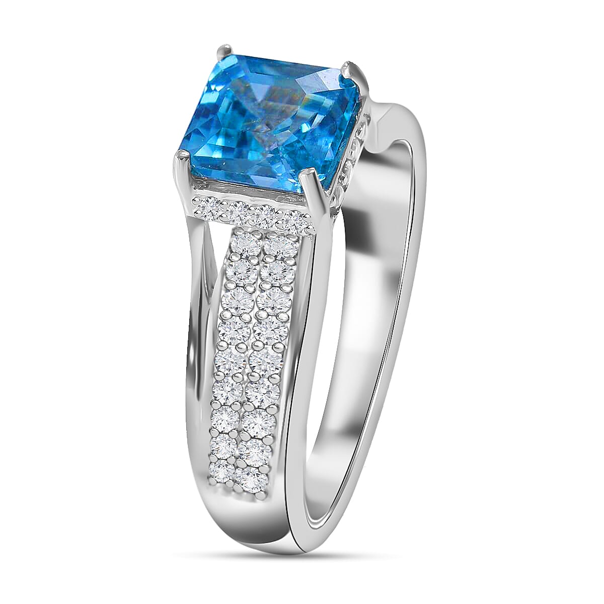 Asscher Cut Premium Blue Zircon Ring, White Zircon Accent Ring, Platinum Over Sterling Silver Ring, Promise Ring, Gift For Her 2.85 ctw image number 2