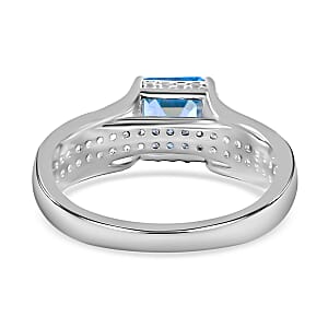 Asscher Cut Premium Blue Zircon Ring, White Zircon Accent Ring, Platinum Over Sterling Silver Ring, Promise Ring, Gift For Her 2.85 ctw