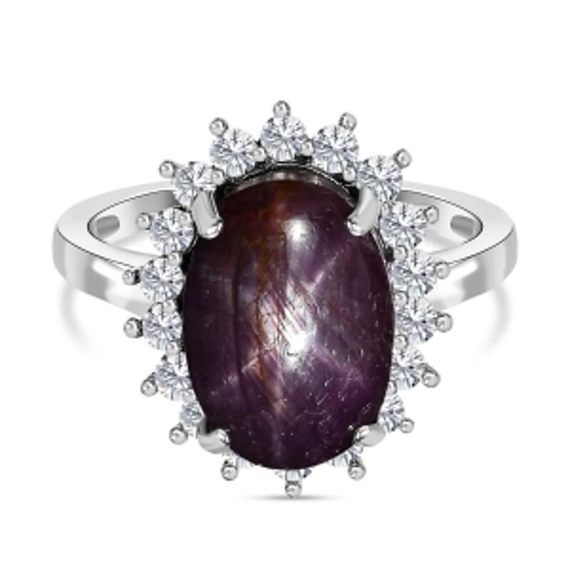 Star Ruby and White Zircon 14.14 ctw Ring in Platinum Over Sterling Silver (Size 9.0)