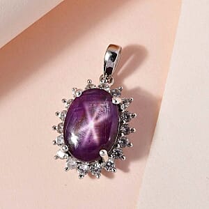 Star Ruby and White Zircon 14.14 ctw Pendant in Platinum Over Sterling Silver