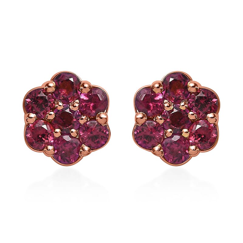 Orissa Rhodolite Garnet Floral Stud Earrings in Vermeil Rose Gold Over Sterling Silver 1.25 ctw