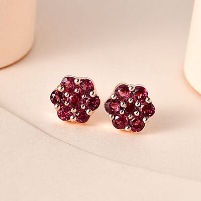 Orissa Rhodolite Garnet Floral Stud Earrings in Vermeil Rose Gold Over Sterling Silver 1.25 ctw