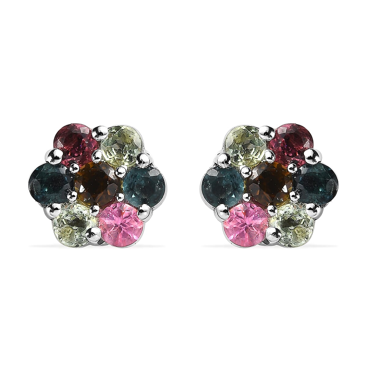 Multi-Tourmaline Floral Stud Earrings in Platinum Over Sterling Silver 1.00 ctw image number 0