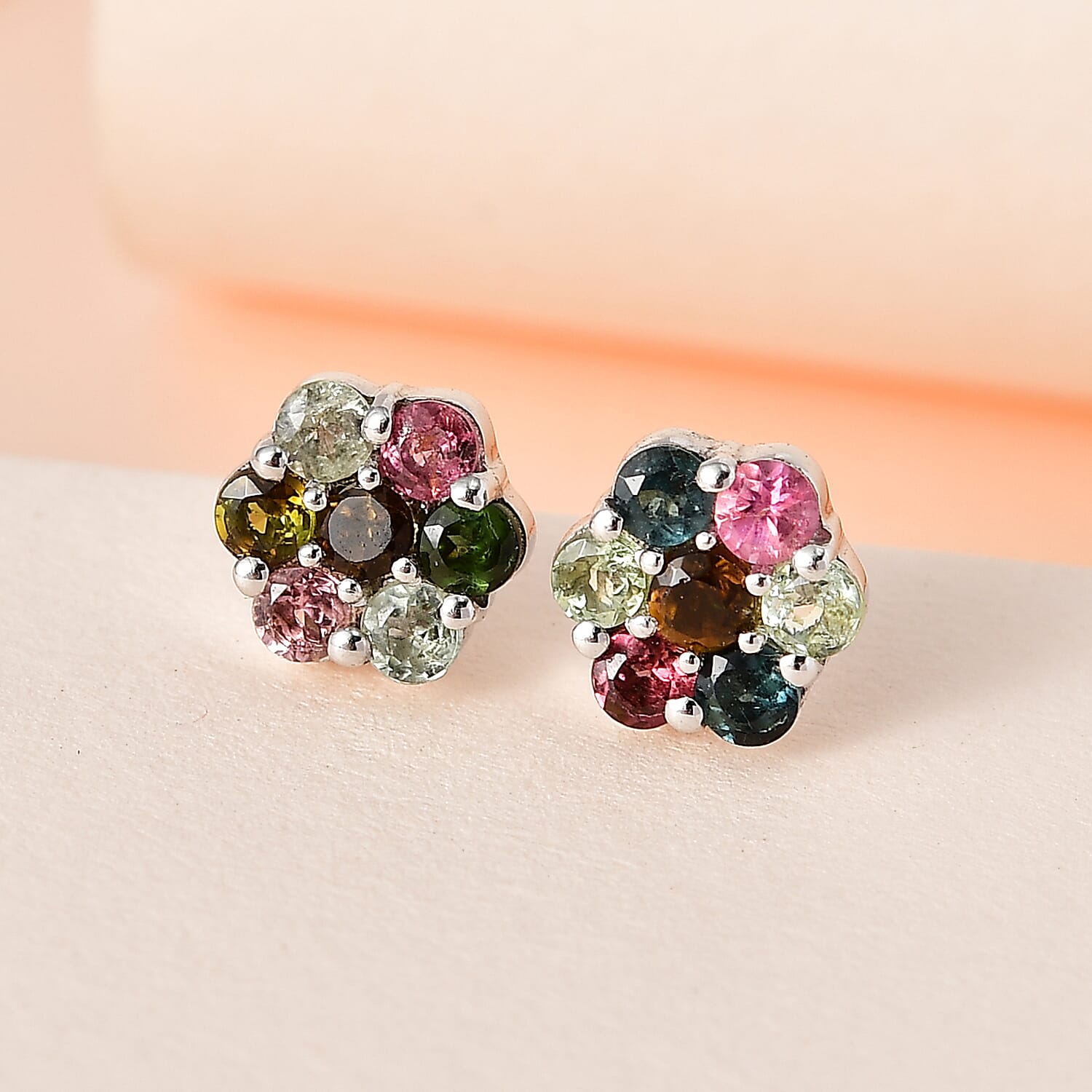 Multi-Tourmaline Floral Stud Earrings in Platinum Over Sterling Silver 1.00 ctw