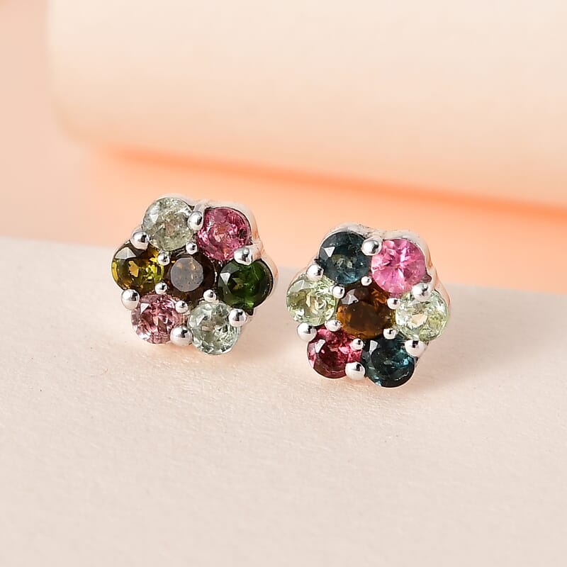 Multi-Tourmaline Floral Stud Earrings in Platinum Over Sterling Silver 1.00 ctw