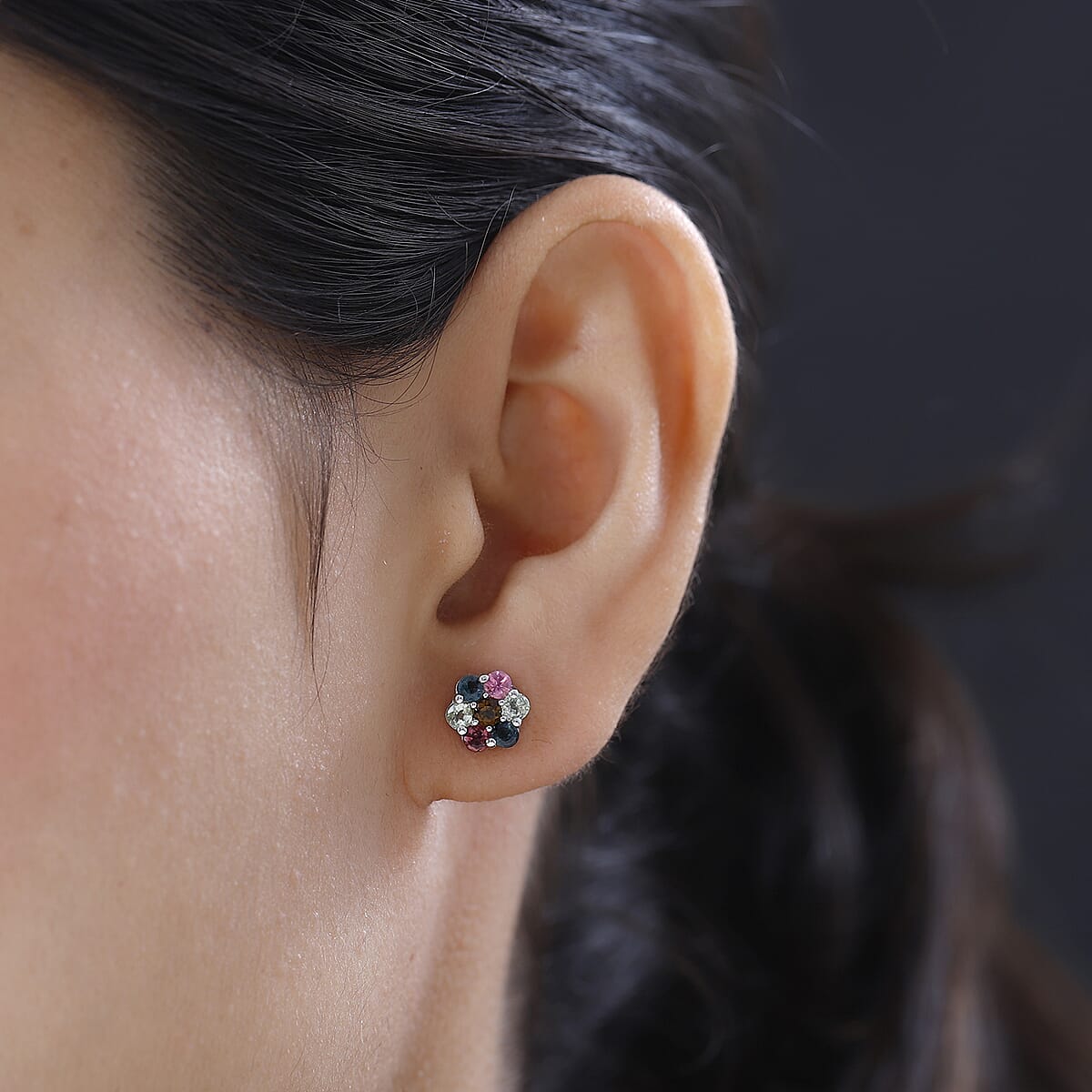 Multi-Tourmaline Floral Stud Earrings in Platinum Over Sterling Silver 1.00 ctw image number 2