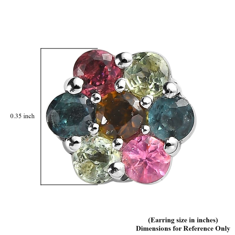 Multi-Tourmaline Floral Stud Earrings in Platinum Over Sterling Silver 1.00 ctw