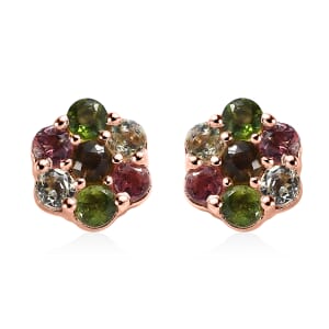 D'Joy Multi-Tourmaline 1.00 ctw Floral Stud Earrings in Vermeil Rose Gold Over Sterling Silver 