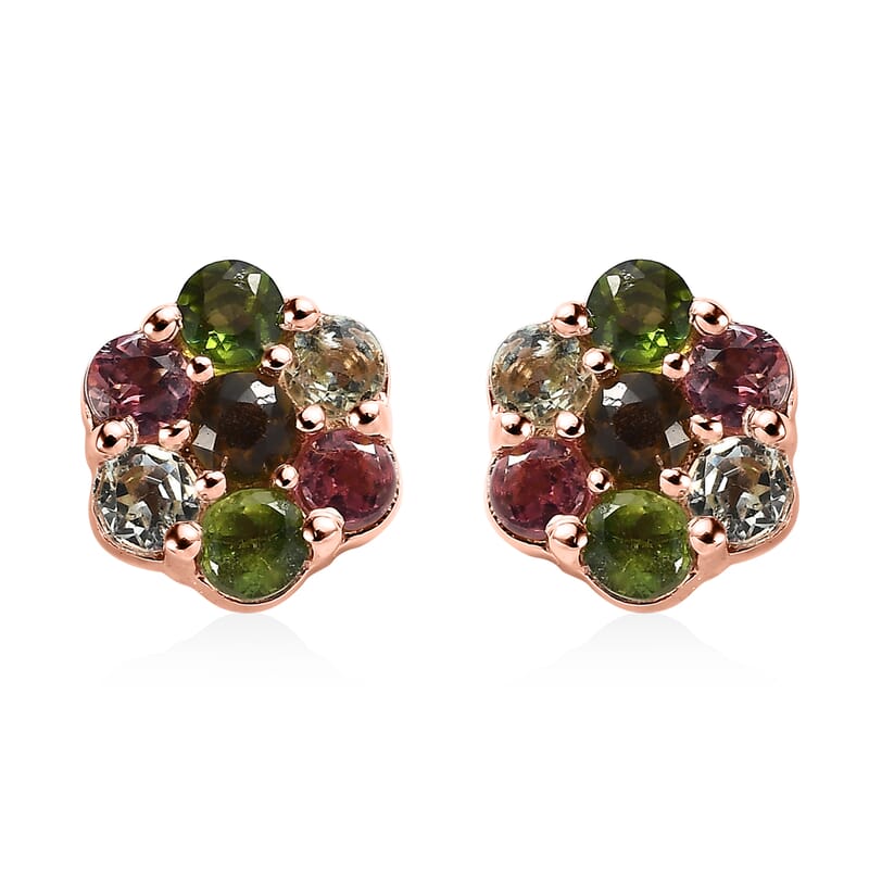 D'Joy Multi-Tourmaline 1.00 ctw Floral Stud Earrings in Vermeil Rose Gold Over Sterling Silver 