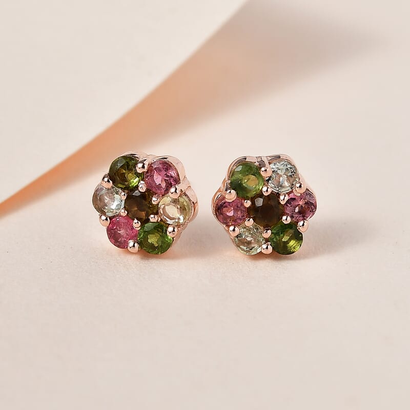 D'Joy Multi-Tourmaline 1.00 ctw Floral Stud Earrings in Vermeil Rose Gold Over Sterling Silver 