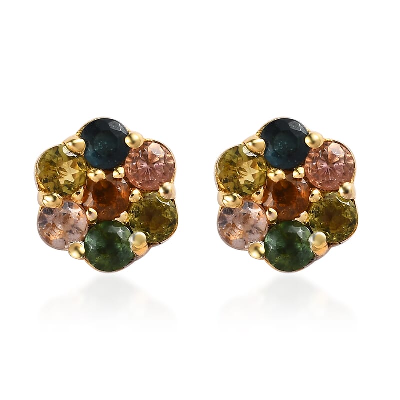 Multi-Tourmaline Floral Earrings in Vermeil YG Over Sterling Silver 1.00 ctw