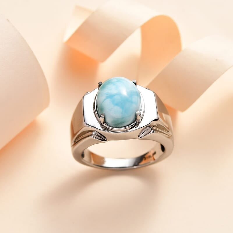 Larimar Men's Ring in Stainless Steel (Size 10.0) 5.30 ctw
