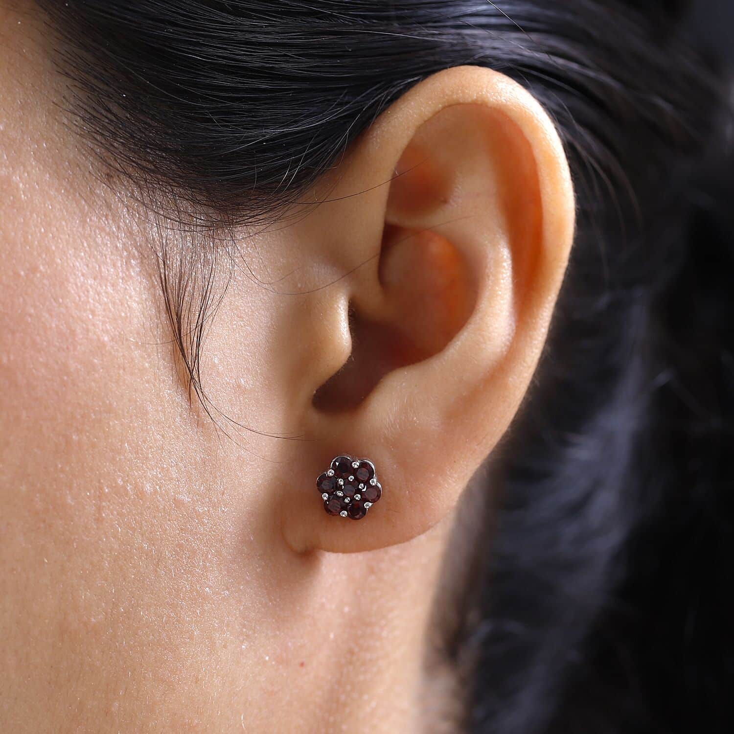 Buy Mozambique Garnet Floral Stud Earrings in Platinum Over