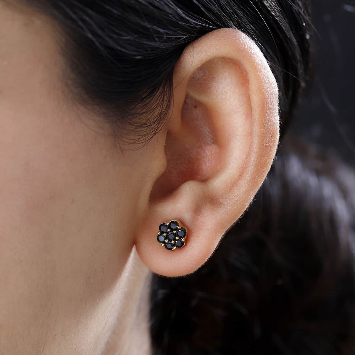 Thai Black Spinel Floral Stud Earrings in Vermeil Yellow Gold Over Sterling Silver 1.35 ctw image number 1