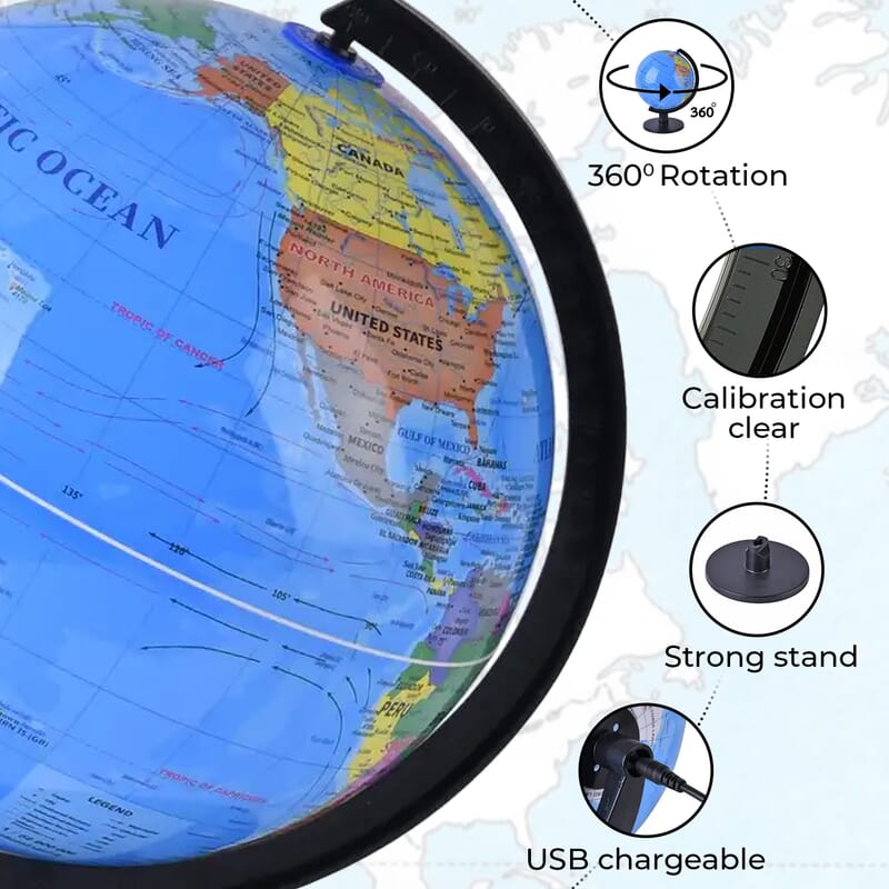 360 Degree Revolving Map of World Painted Globe with Light (USB) -Blue