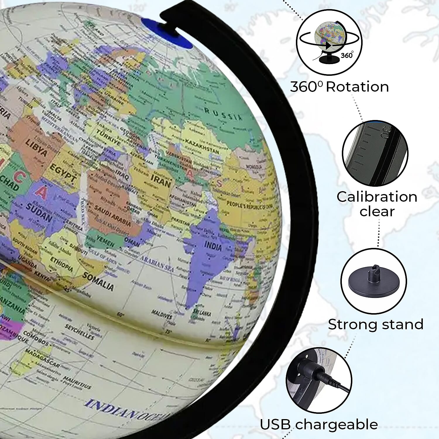 360 Degree Revolving Map of World Painted Globe with Light (USB) -Beige