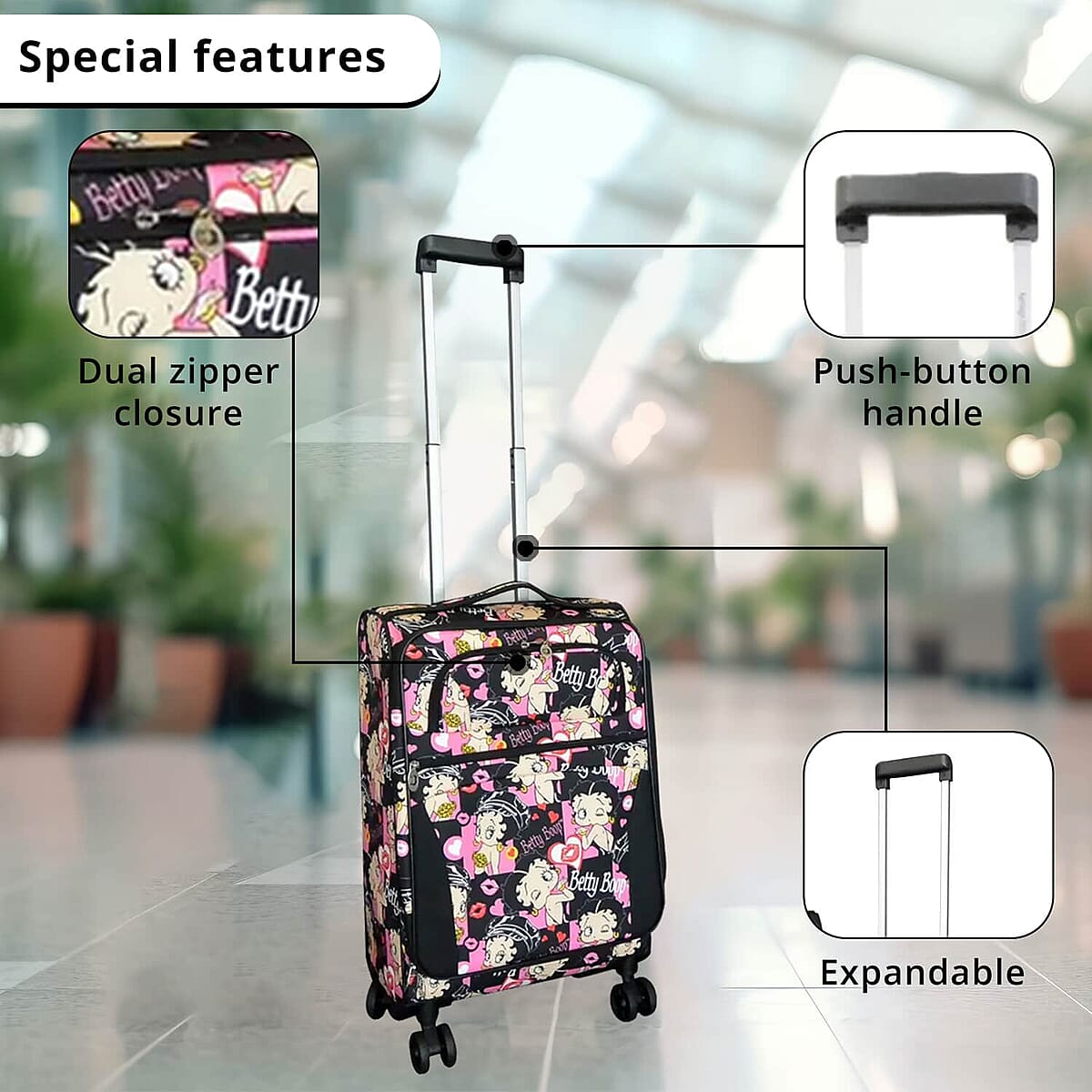Betty Boop Black and Pink Luggage Set, Luggage 3 Piece, Suitcase Set, 3 piece Luggage Set, Suitcase Set of 3 (30, 28, 24) image number 1
