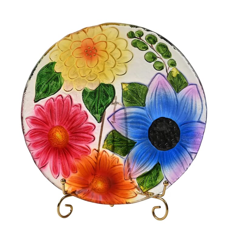 Multi Color Flower Pattern Glass Tray with Stand