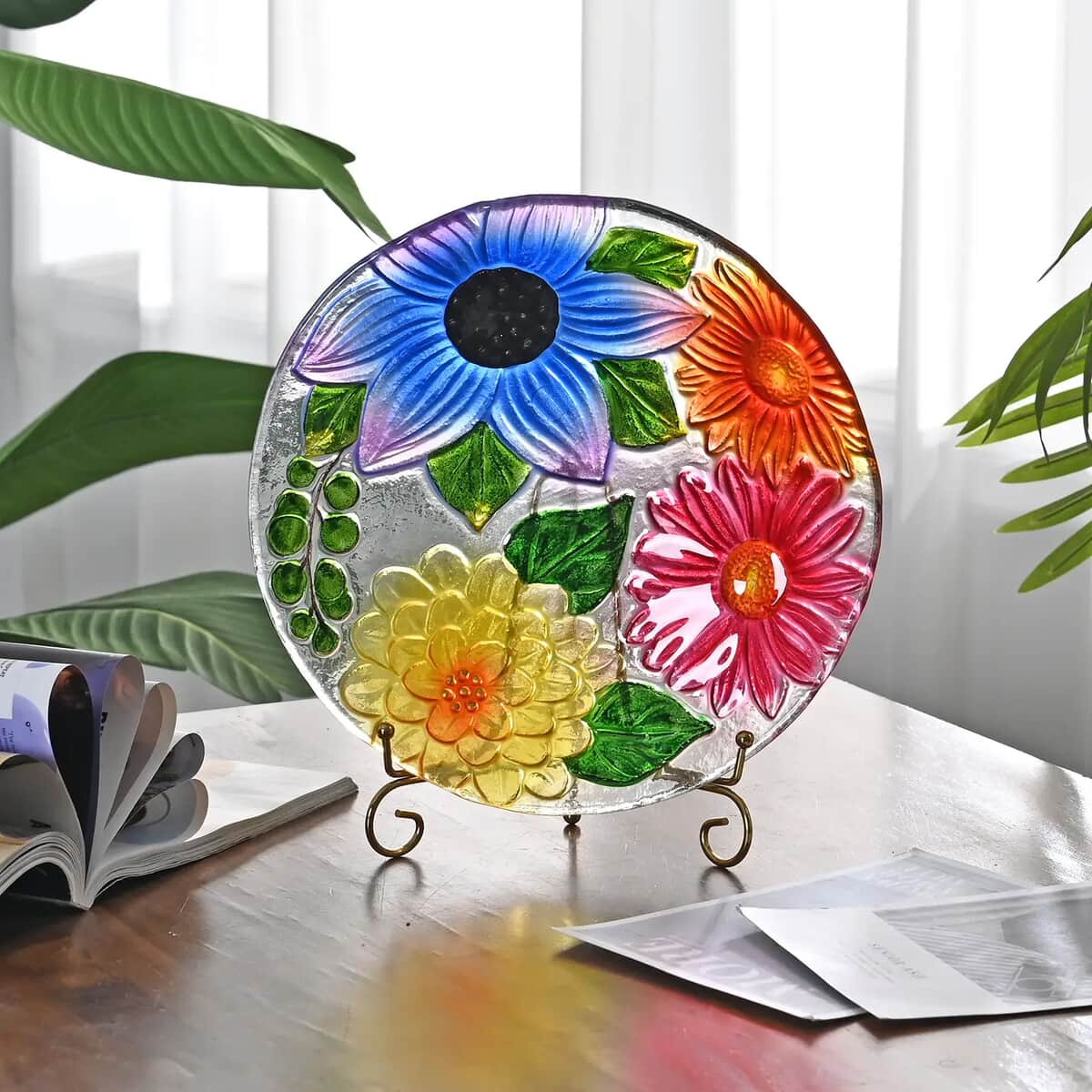 Multi Color Flower Pattern Glass Tray with Stand (10.23"x10.23"x1.85") image number 1