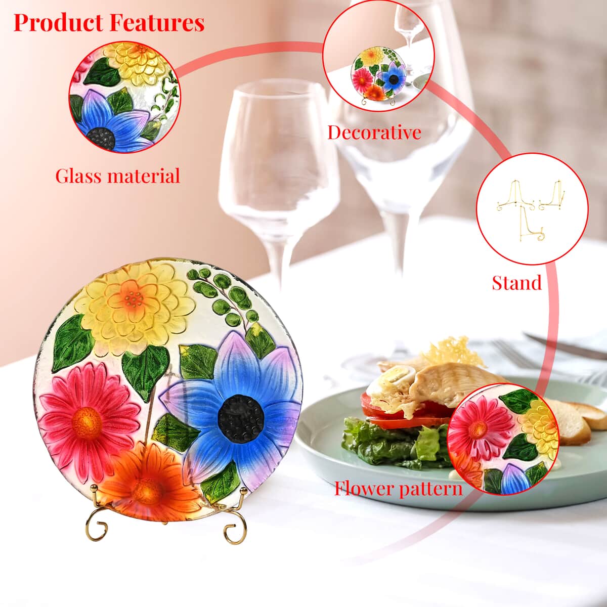 Multi Color Flower Pattern Glass Tray with Stand (10.23"x10.23"x1.85") image number 2