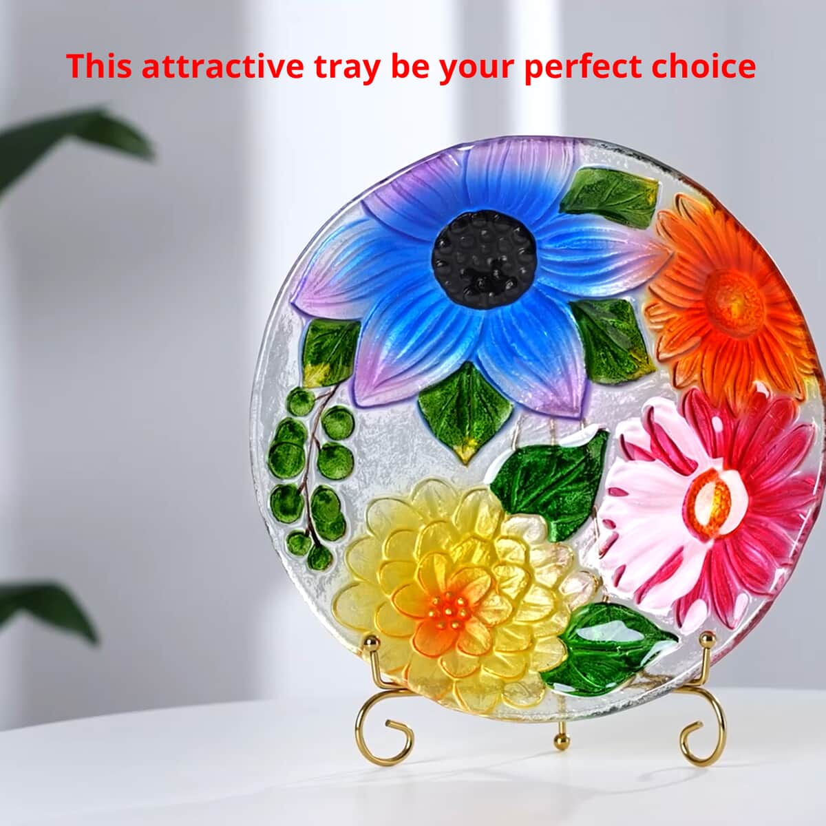 Multi Color Flower Pattern Glass Tray with Stand (10.23"x10.23"x1.85") image number 3