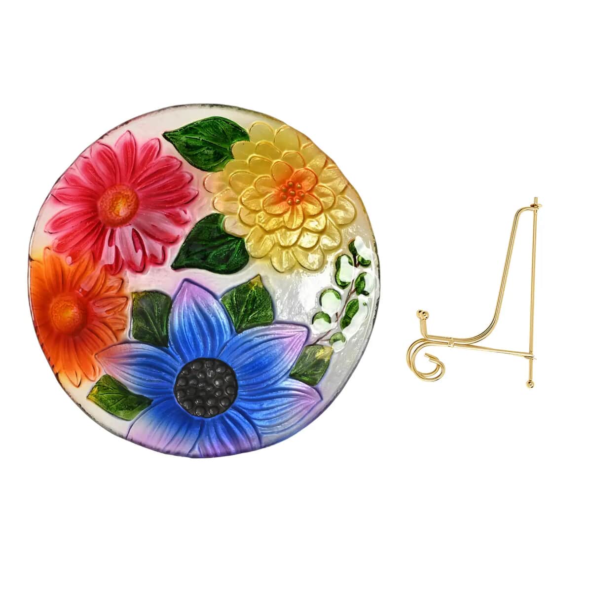 Multi Color Flower Pattern Glass Tray with Stand (10.23"x10.23"x1.85") image number 5