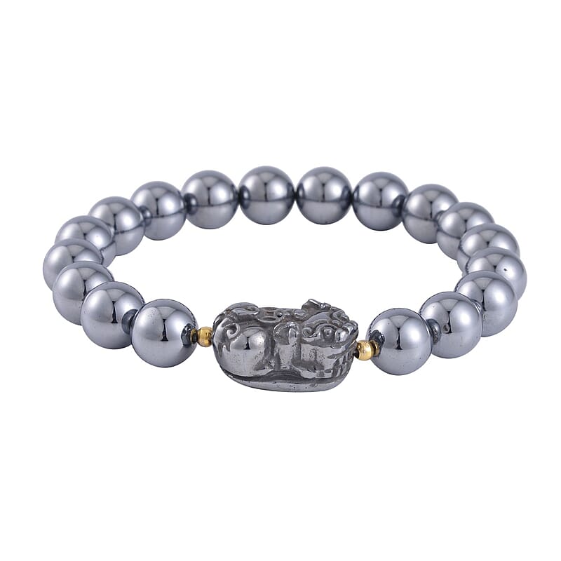  Terahertz 132.00 ctw Beaded with Pixiu Stretch Bracelet in 14K Yellow Gold Over Sterling Silver (6.5-7In)