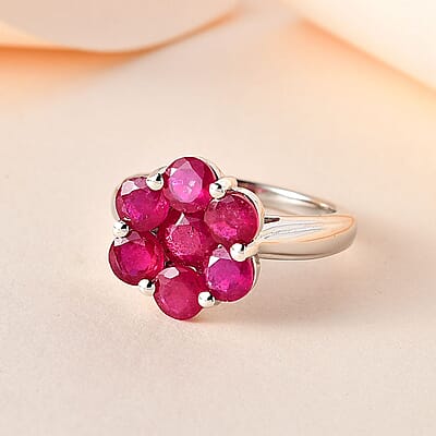 Niassa Ruby (FF) Floral Ring in Platinum Over Sterling Silver (Size 6.0) 4.20 ctw