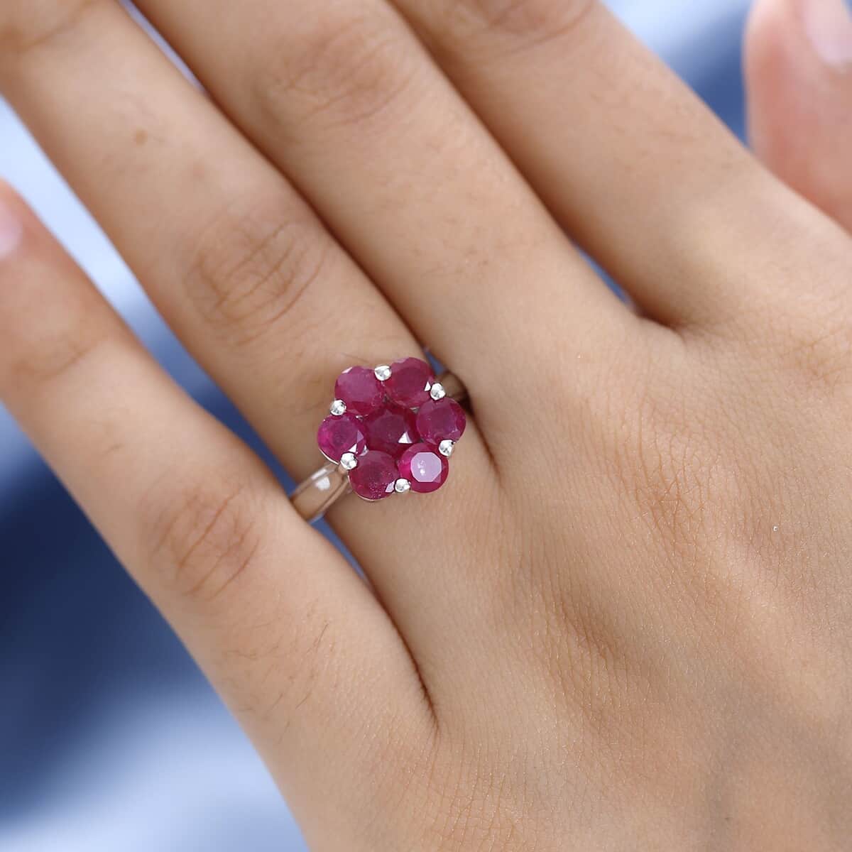 Niassa Ruby (FF) Floral Ring in Platinum Over Sterling Silver (Size 6.0) 4.20 ctw image number 2