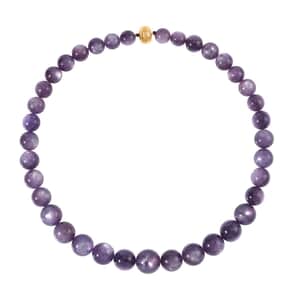 14K Yellow Gold Magnetic Lock Brazilian Purple Lepidolite Beaded Necklace 20 Inches 661.00 ctw
