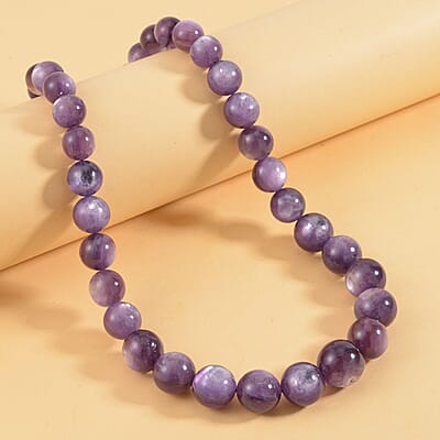 14K Yellow Gold Magnetic Lock Brazilian Purple Lepidolite Beaded Necklace 20 Inches 661.00 ctw