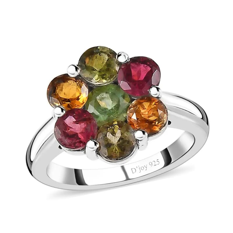 Multi-Tourmaline Floral Ring, Platinum Over Sterling Silver Ring, Tourmaline Jewelry For Her 2.65 ctw