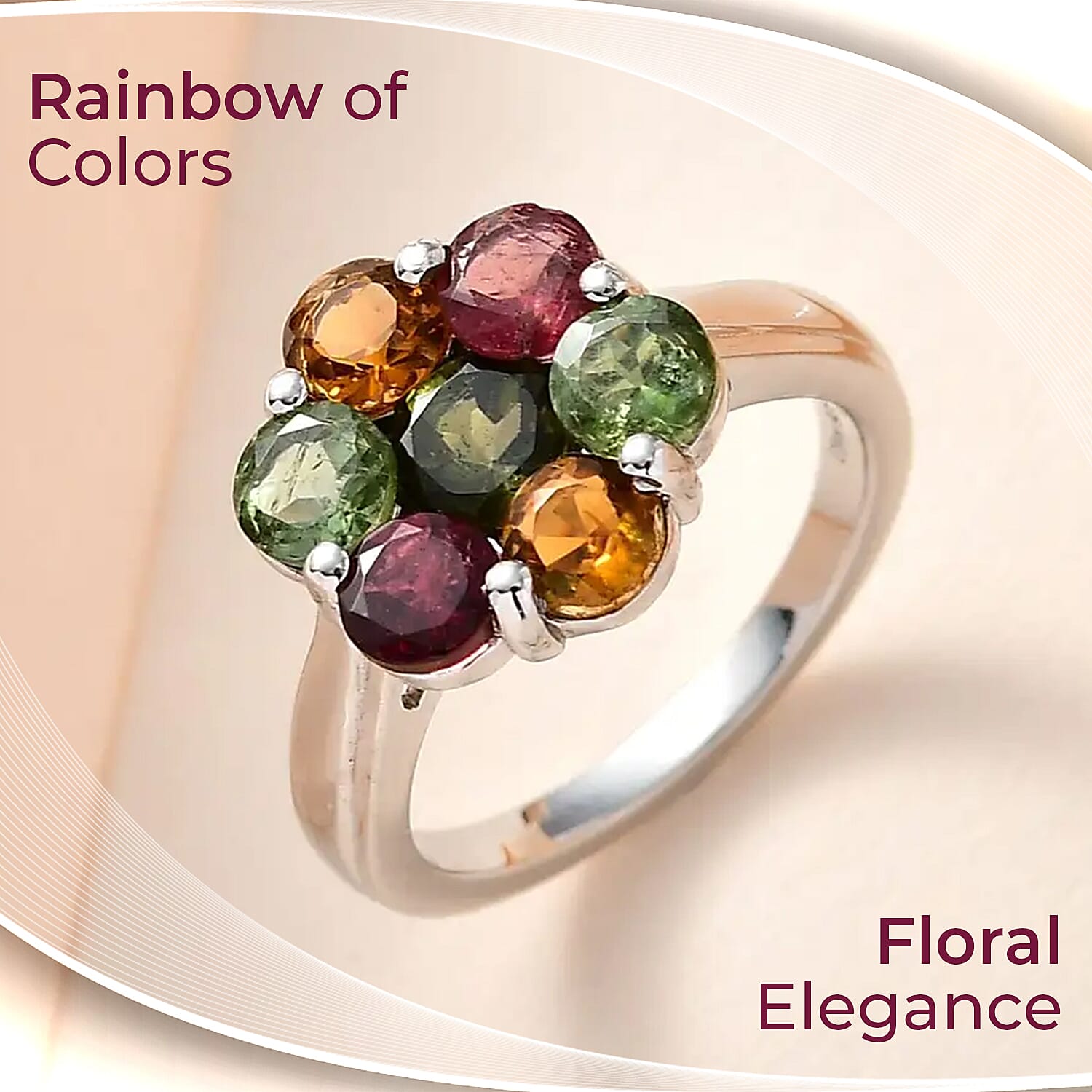 Multi-Tourmaline Floral Ring, Platinum Over Sterling Silver Ring, Tourmaline Jewelry For Her 2.65 ctw