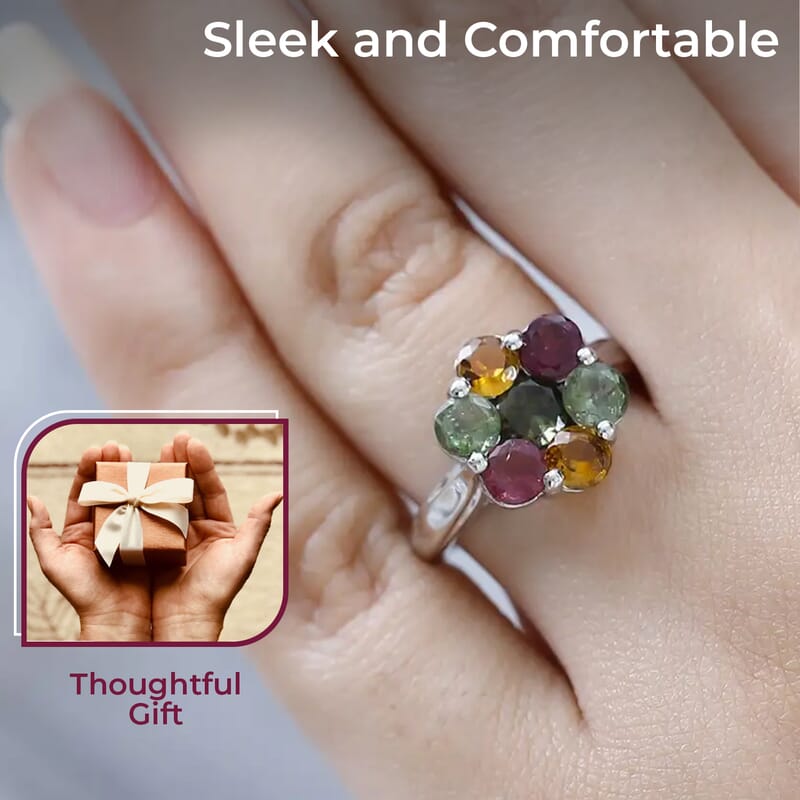 Multi-Tourmaline Floral Ring, Platinum Over Sterling Silver Ring, Tourmaline Jewelry For Her 2.65 ctw